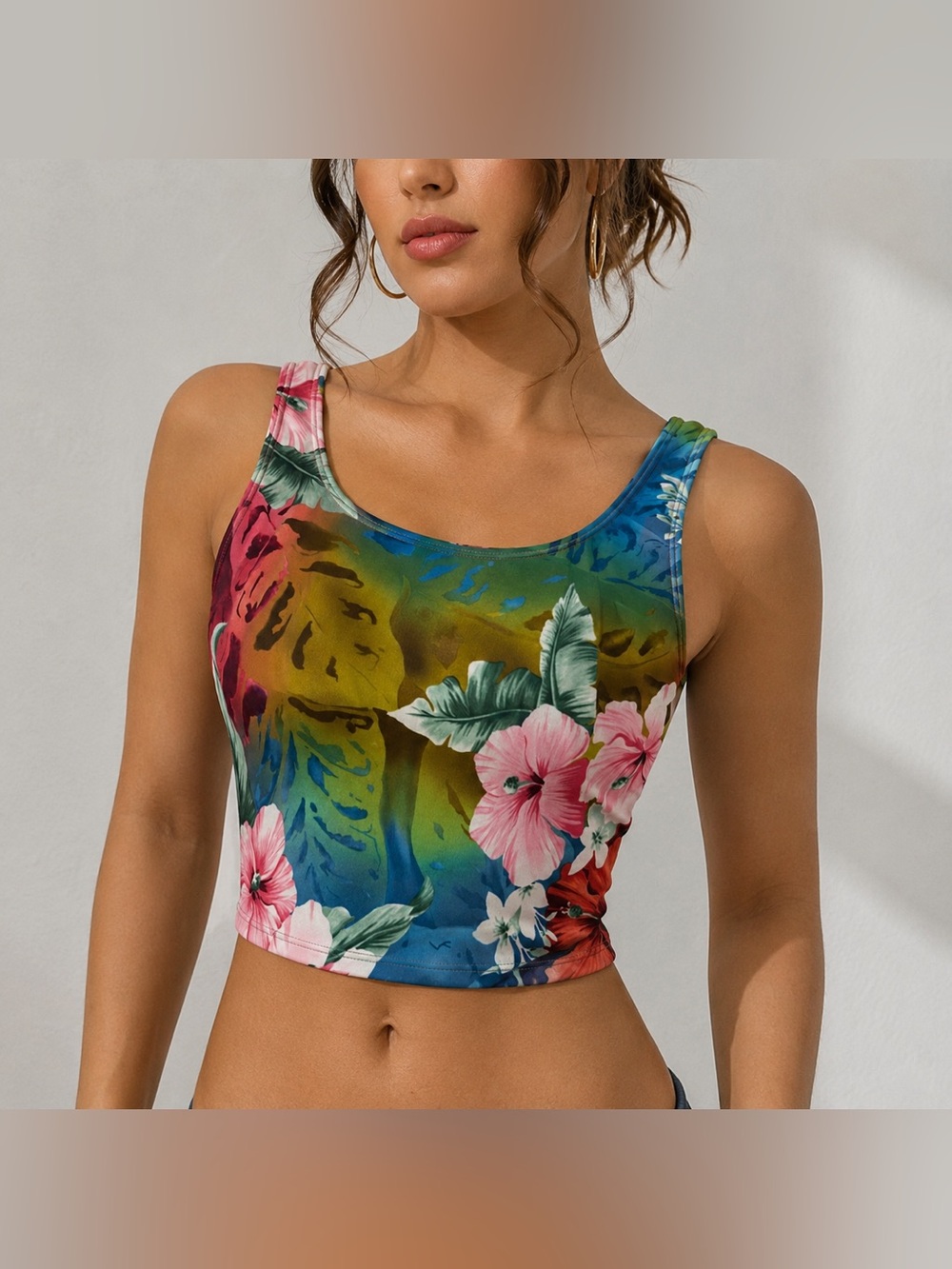 NEW Women’s Size 10 Tropical Floral Stretch Crop Tank Top Sleeveless Multicolor